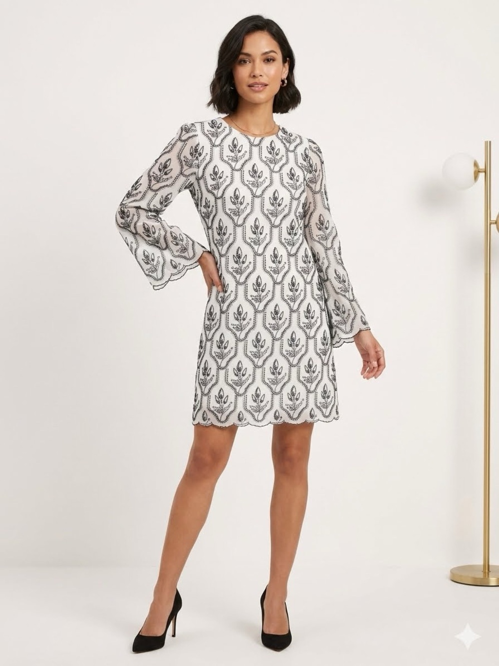 Preston & York White Black Embroidered Bell Sleeve Shift Dress NWT Size 8